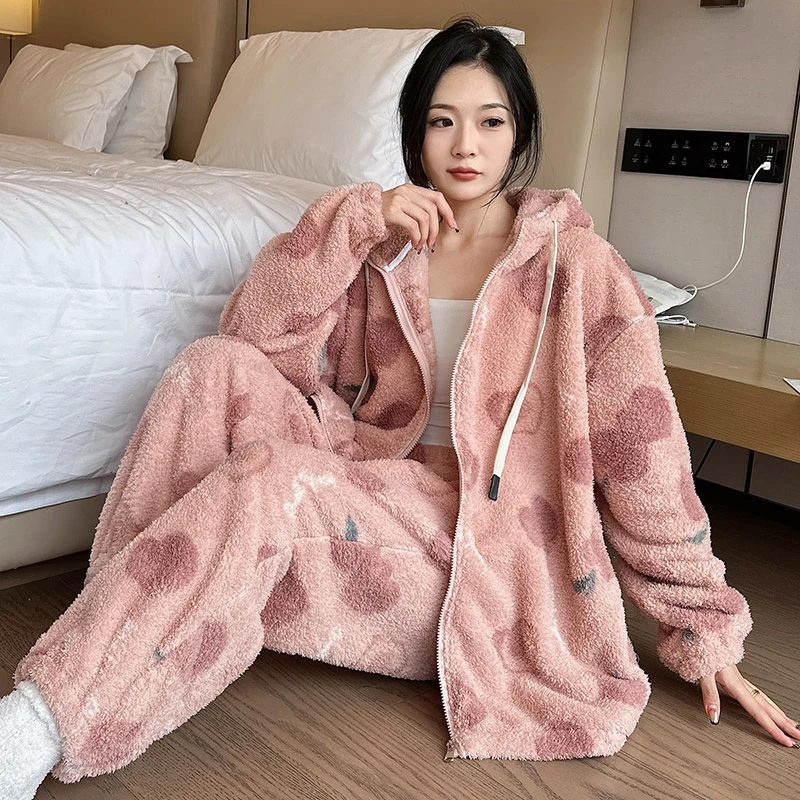 冬季大码保暖绒睡衣卡通连帽家居服加肥长袖拉链宽松加厚情侣套装