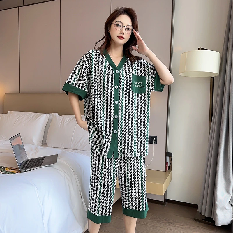夏季大码棉质V领薄款睡衣女套装格子短袖七分裤休闲宽松舒适套装