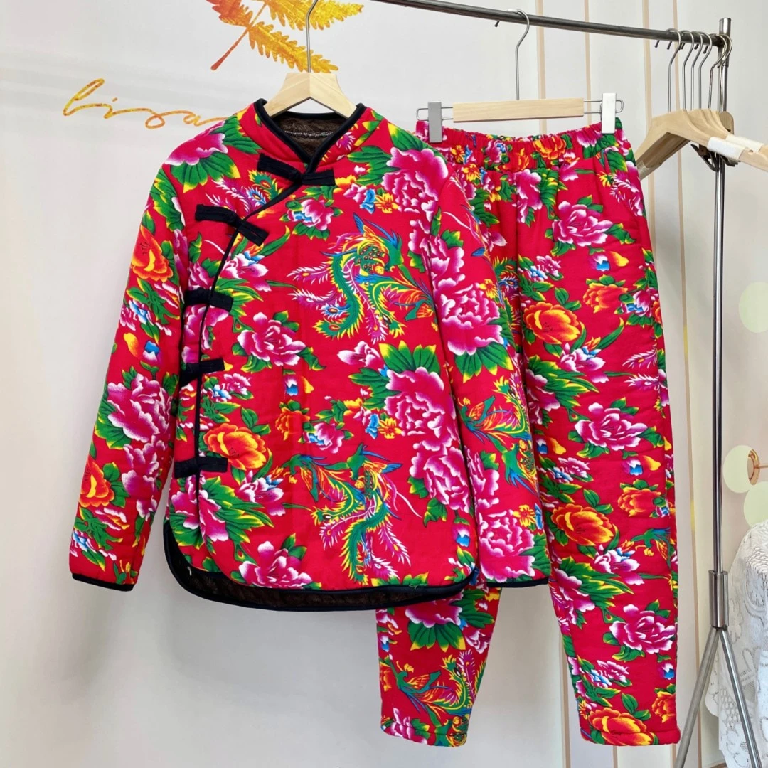 国风东北大花袄子加绒街头日常百搭外套立领斜襟复古盘扣棉衣棉服