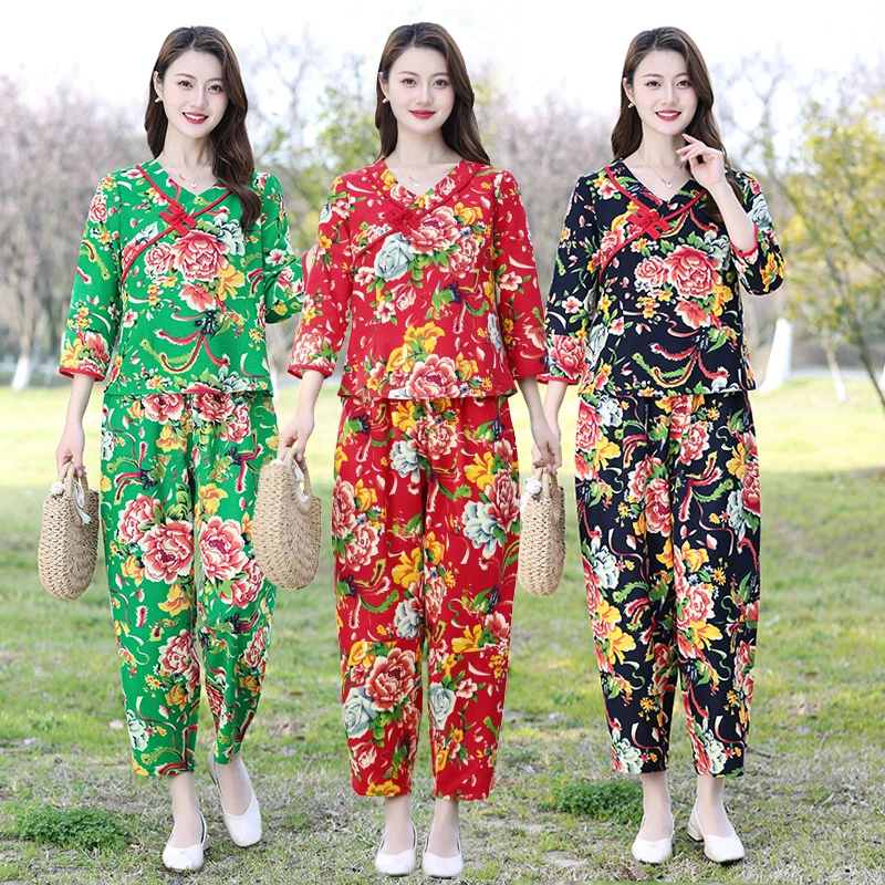 春夏新款中式旗袍领盘扣套装女东北大花布时尚妈妈装民族风舞蹈服