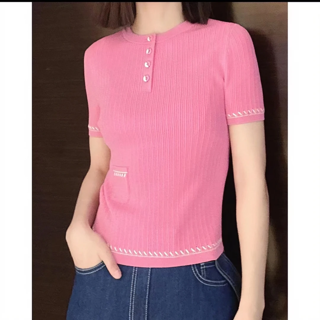 GIRDEAR/哥弟1399635纤维针织上衣薄款氨纶圆领设计感修身短袖