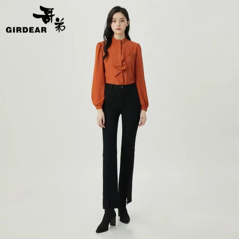 GIRDEAR/哥弟1300744【落日余晖】气质洋气法式收腰长袖高腰衬衫