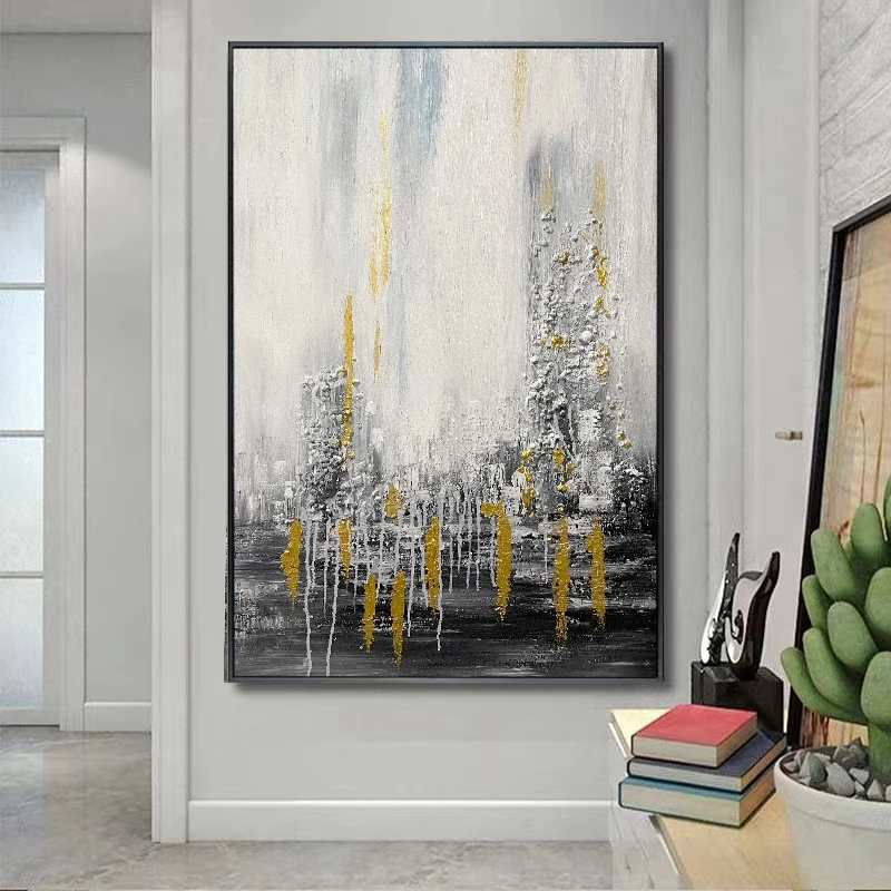 飞流-手绘现代抽象油画简约肌理玄关风景竖款立体商场单幅方形