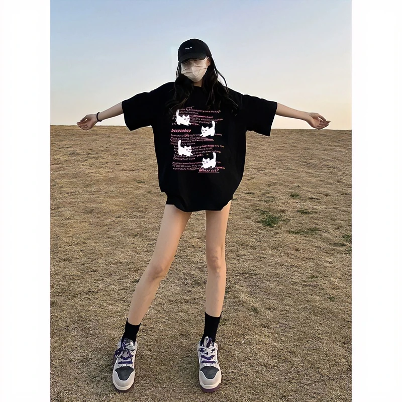 【260g重磅精梳棉】重磅黑白猫落肩T恤夏季Oversize精梳棉时尚印花