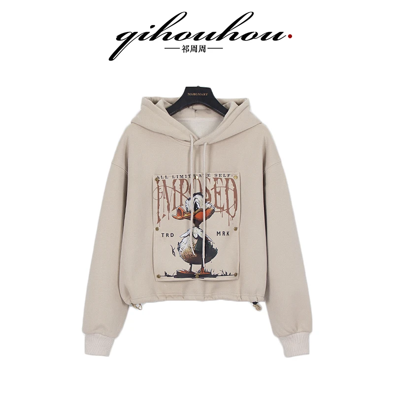 2023秋冬新款设计师连帽抽绳扎染印花立体鸭子百搭优雅长袖女卫衣