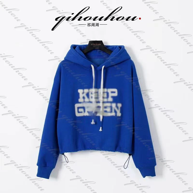 2023冬季新款蓝色美式慵懒风圆领卫衣女复古高级感显瘦遮肉百搭女