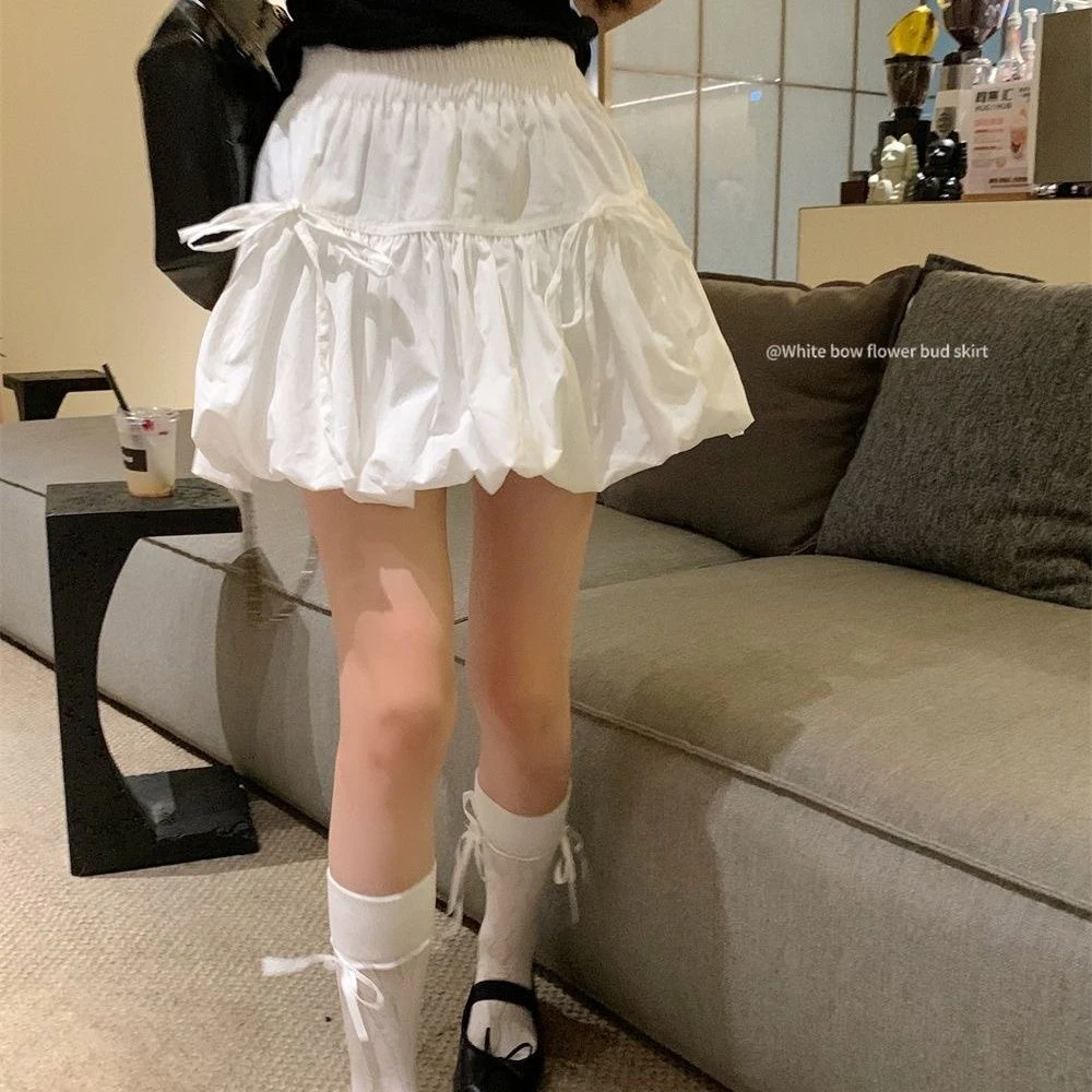设计感蝴蝶结绑带蓬蓬裙子白色半身裙女夏季甜美风A字短裙花苞裙