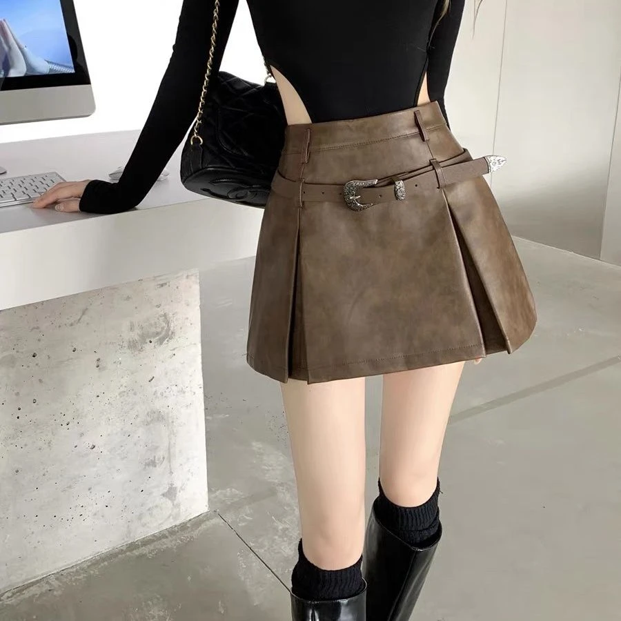 高腰百褶半身裙2025年秋冬新款pu皮裙辣妹设计感显瘦a字超短裙子