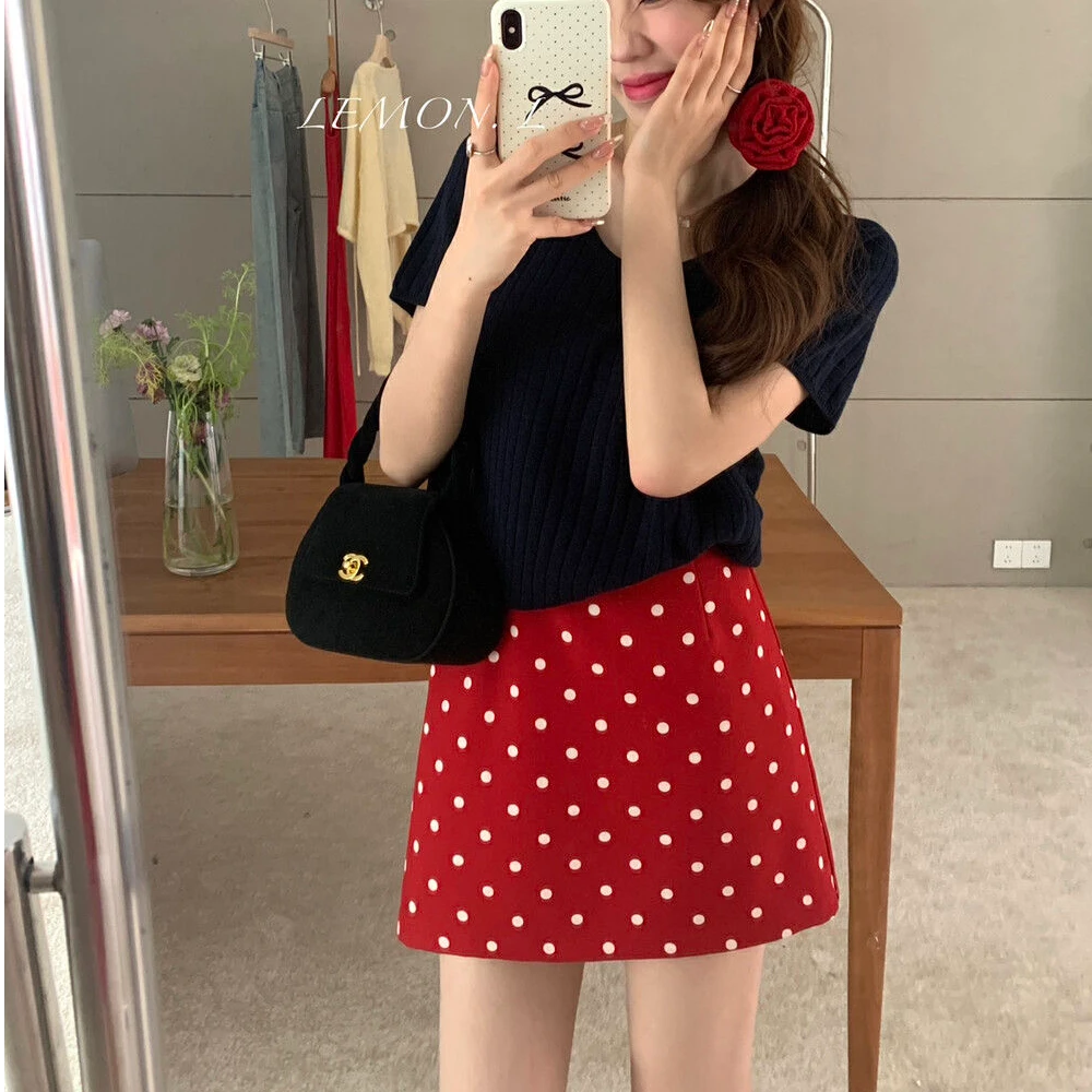 韩系复古波点高腰夏季百搭半身裙女修身显廋小个子a字包臀短裙子
