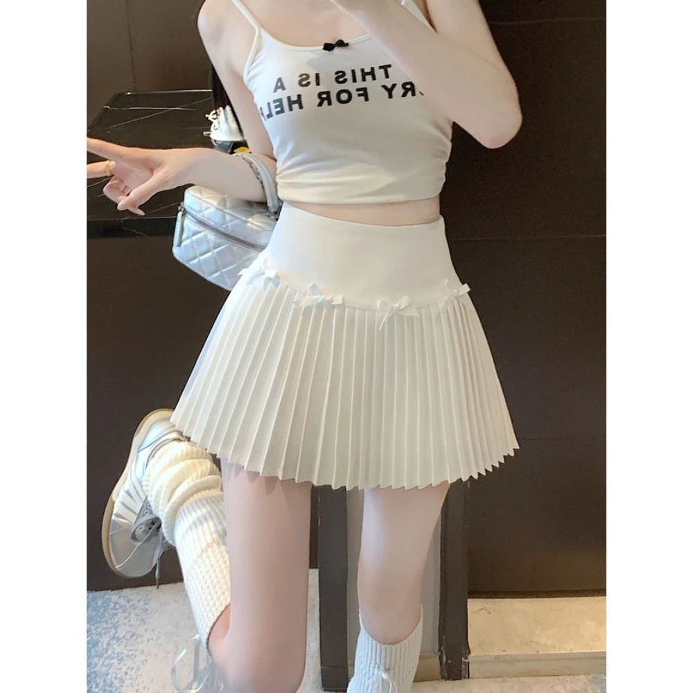 夏季新款小个子纯欲芭蕾风百褶半身裙女A字防走光蝴蝶结短裙子ins