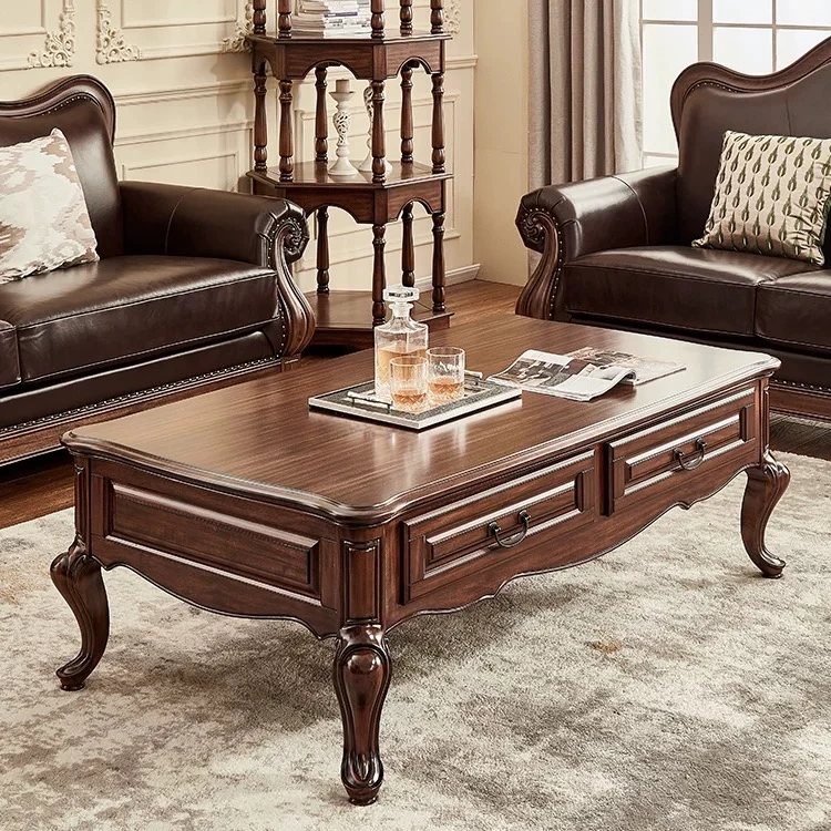 美式茶几客厅欧式轻奢餐桌复古家用简约正方形长方形雕花咖啡桌