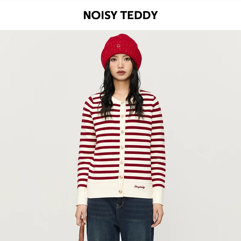 NOISY TEDDY24年简约女士圆领条纹开衫毛衫宽松舒适百搭撞色毛衣Ⓦ