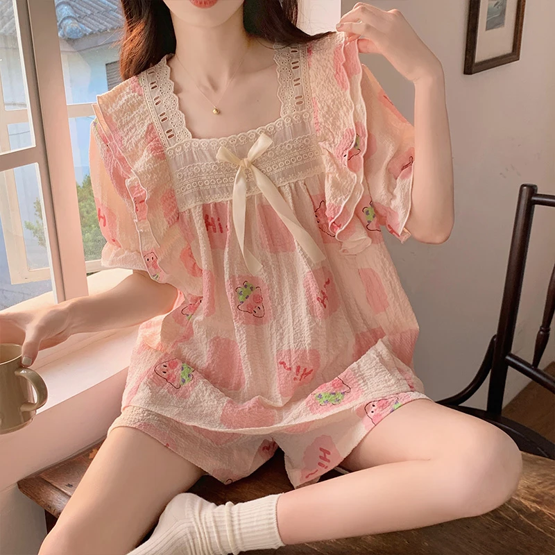 公主风短袖睡衣女夏季新款甜美韩版短袖皱布大码套装薄款学生学生