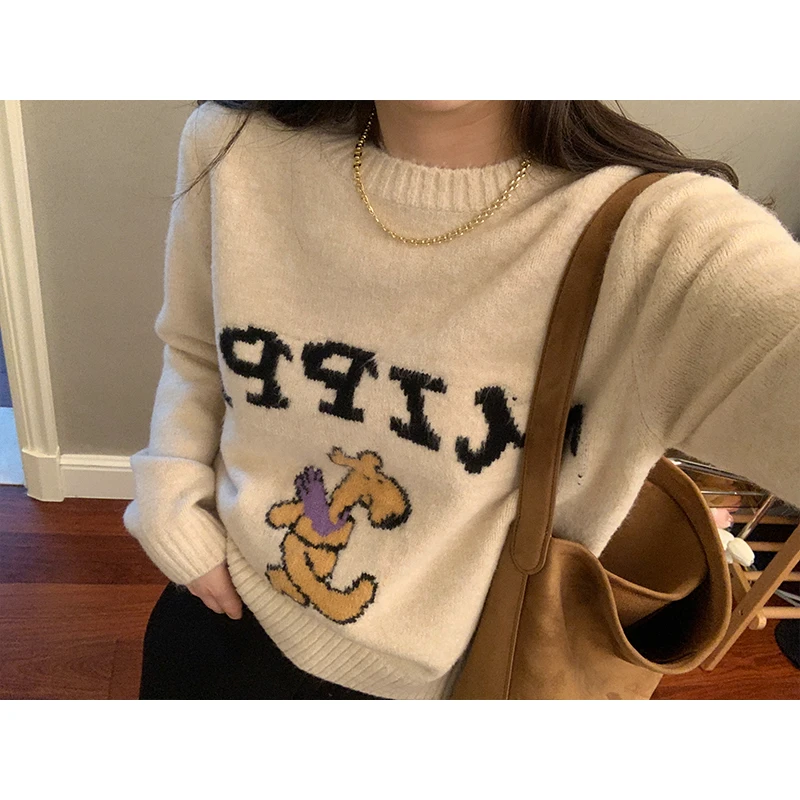 花总吖【趣味小狗】外穿毛衣提花慵懒风冬季宽松圆领长袖R423X09388