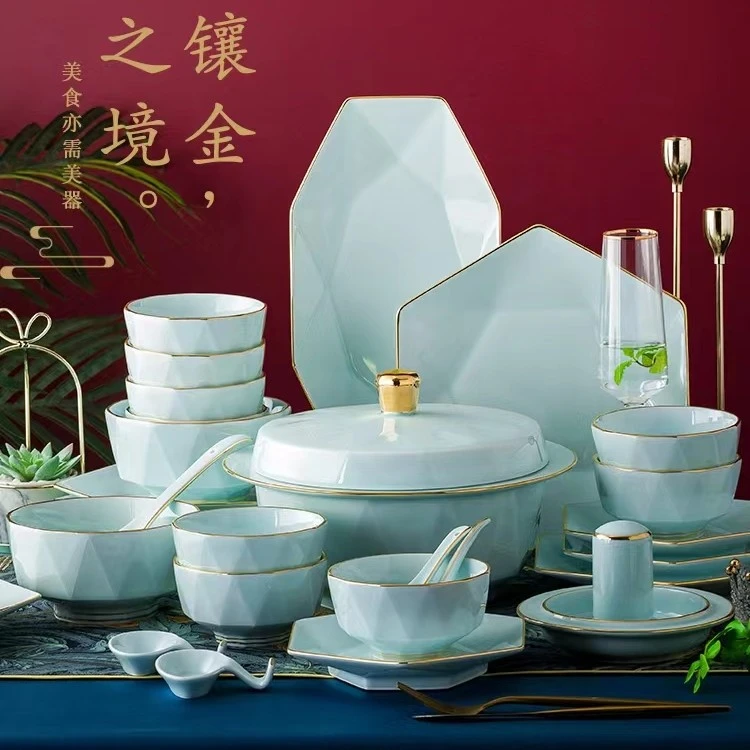 景德镇高白瓷青釉餐具套装《影青八角》手工描金乔迁新居创意餐具