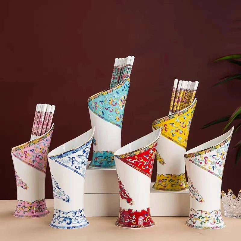 景德镇高温骨瓷万花珐琅彩轻奢筷子筒置物架家用篓筷子笼沥水收纳