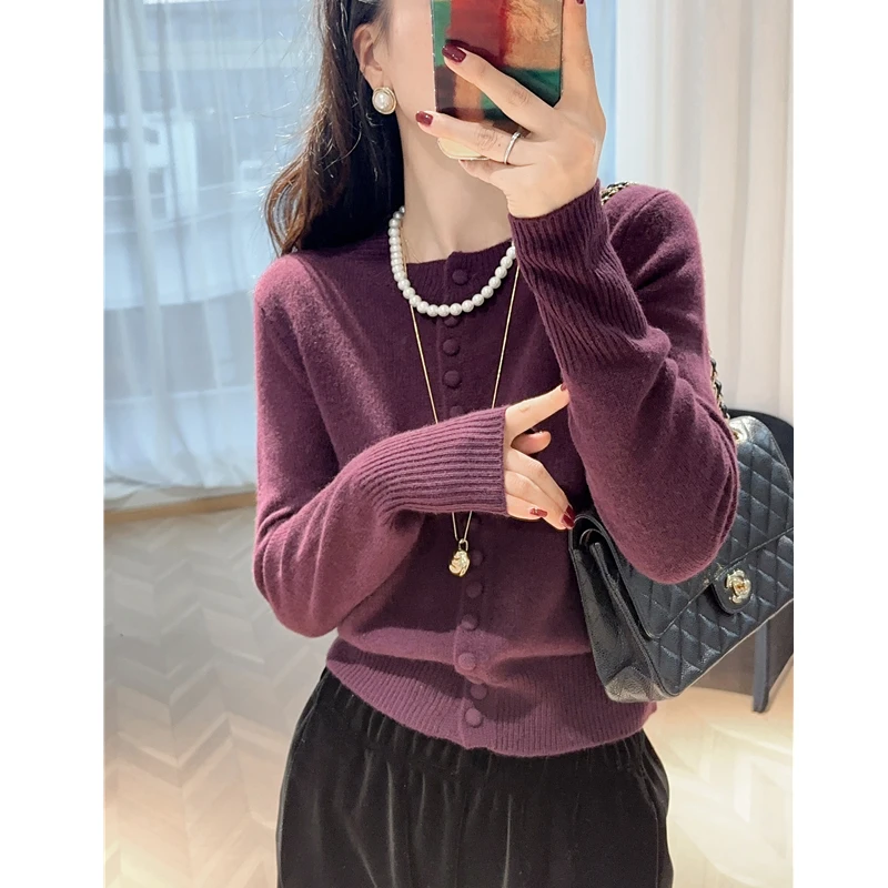 高版本！双股26支全羊毛单排包扣毛衣正肩显瘦加厚针织开衫女秋冬