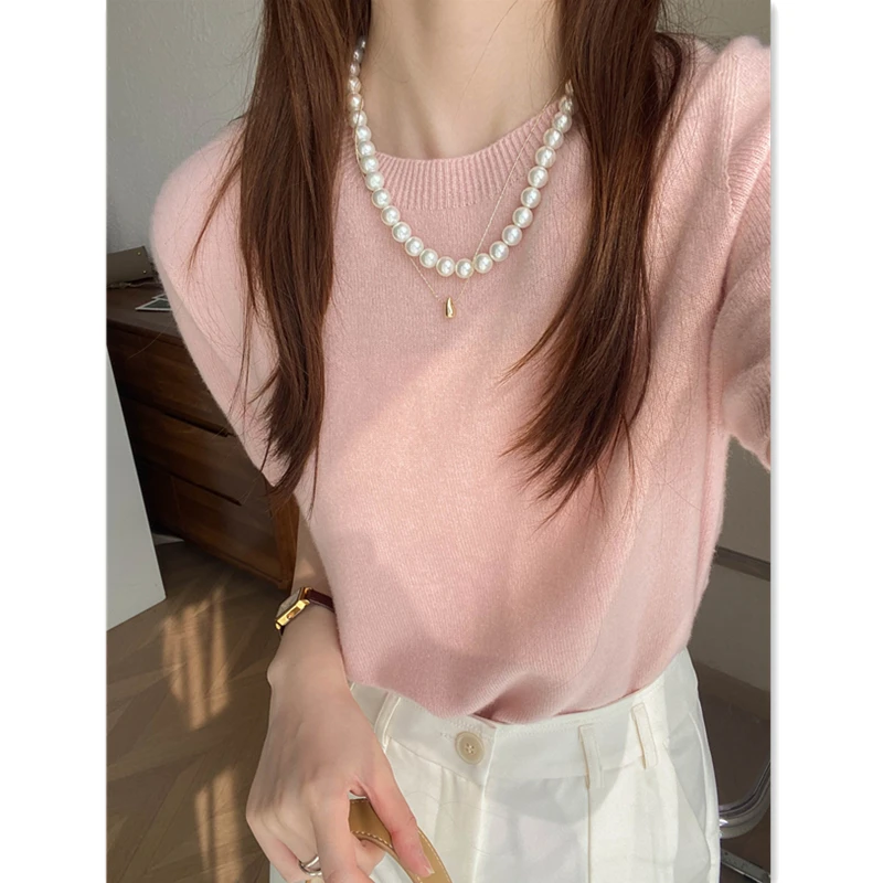 特价！简约气质全羊毛衫岛精无缝圆领宽松显瘦针织衫短袖上衣女秋