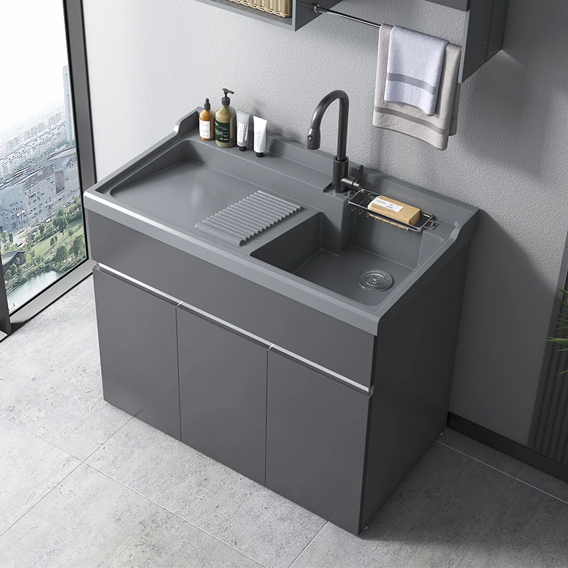 四代不锈钢阳台洗衣柜定制带搓板一体洗衣池槽台伴侣洗衣柜舒适