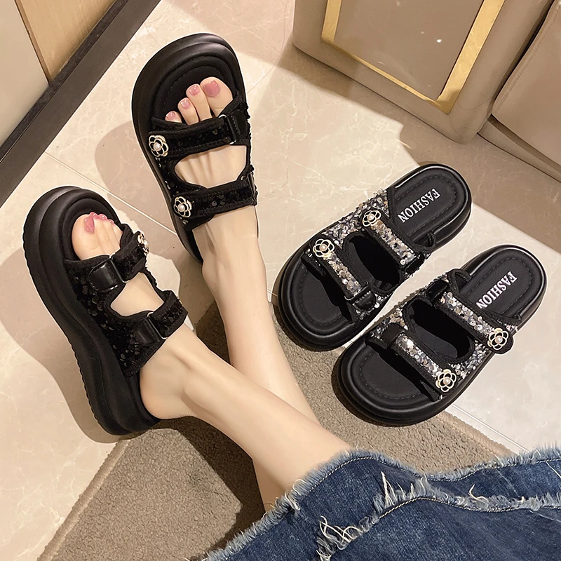 大码魔术贴拖鞋女厚底凉拖2024新款夏季外穿软底防滑一字拖41-42