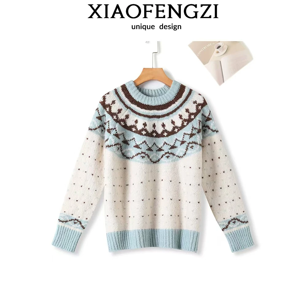 篙颜！费尔岛提花，正三针/德国机织~圆领针织毛衣女