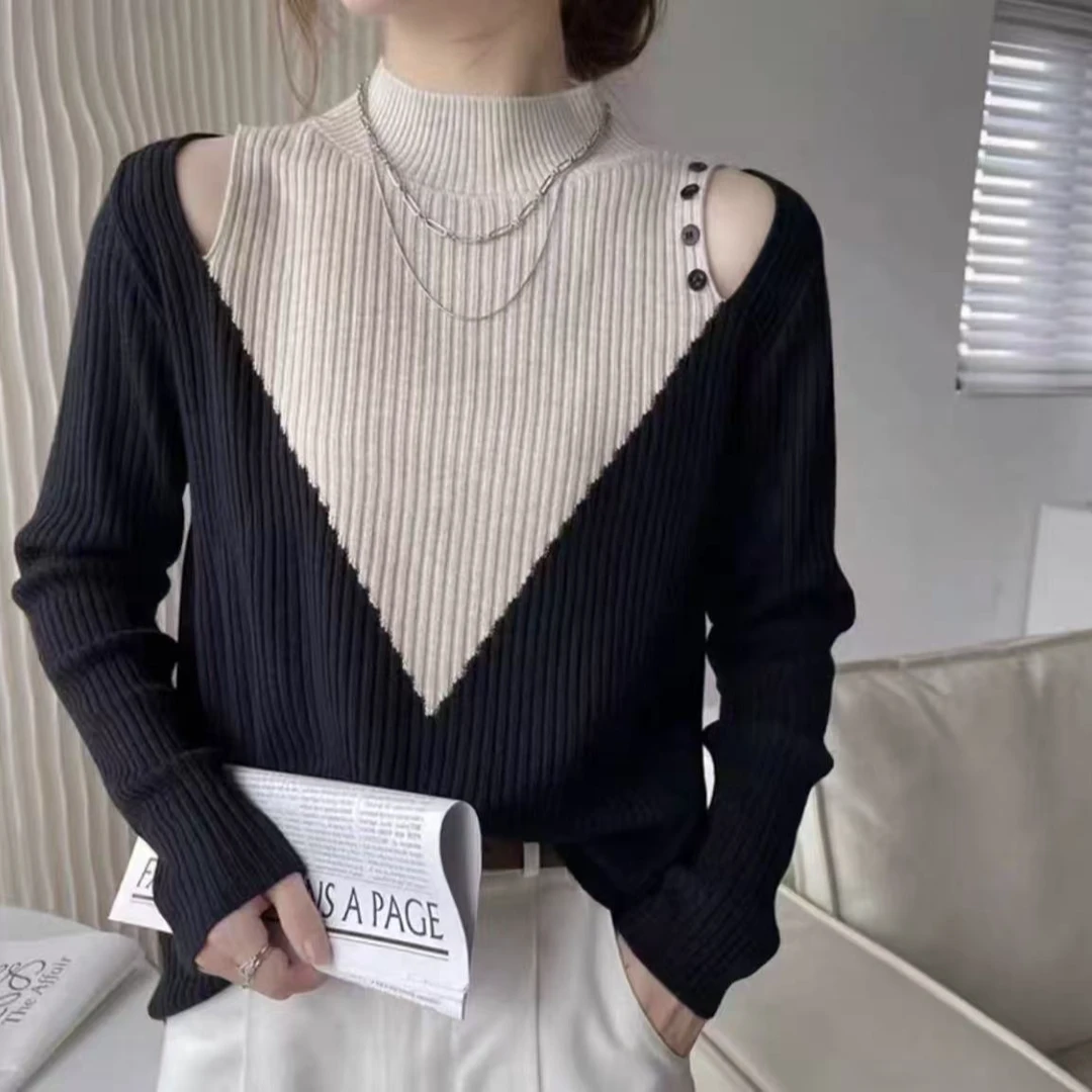 新款时尚百搭半高领露肩拼色女士套头针织衫