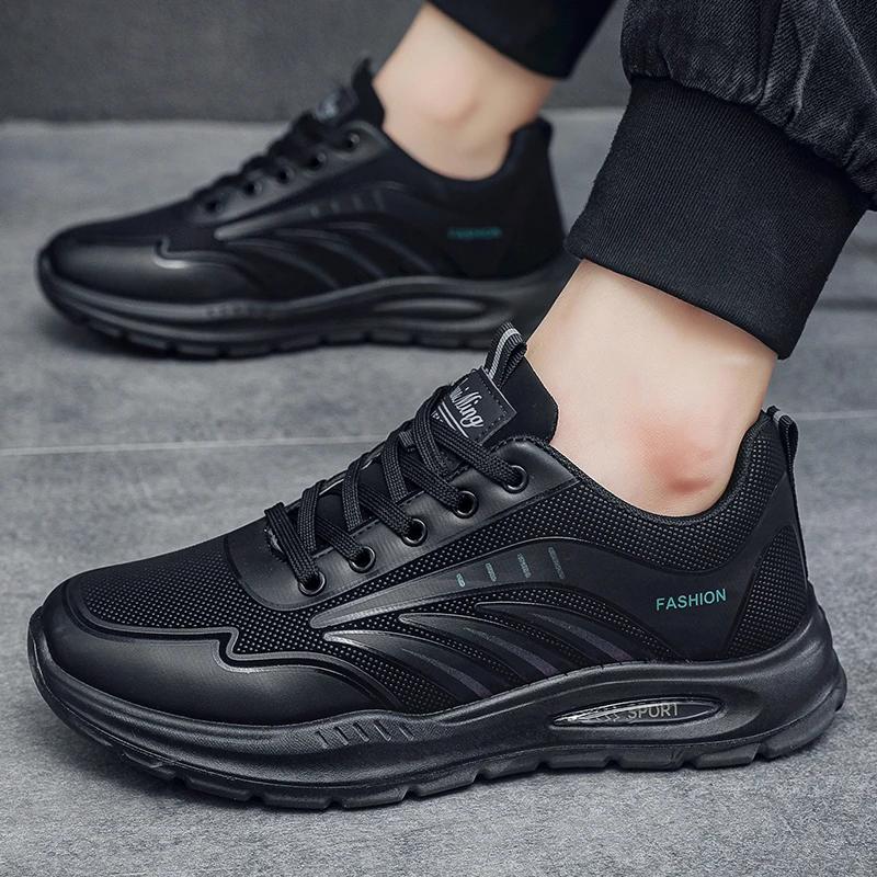 男鞋秋季爆款2024新款运动鞋正版轻便跑步鞋皮面百搭黑色休闲男鞋