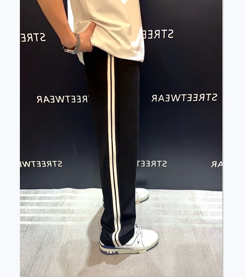 秋冬高级感直筒条纹裤子男款百搭立体织带拼接垂感显瘦休闲裤