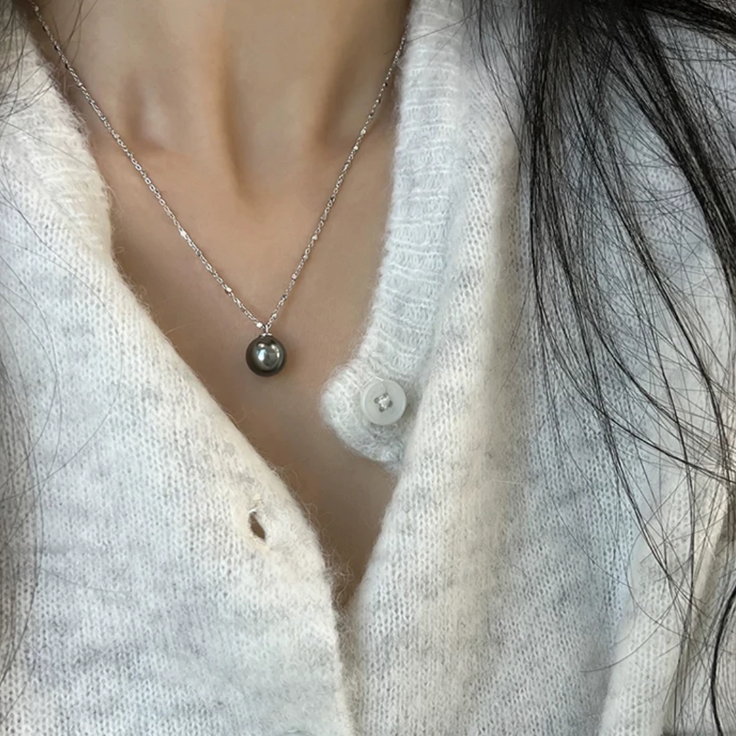 链子925银仿珍珠 S925纯银大溪地施家珍珠吊坠小方糖锁骨链百搭