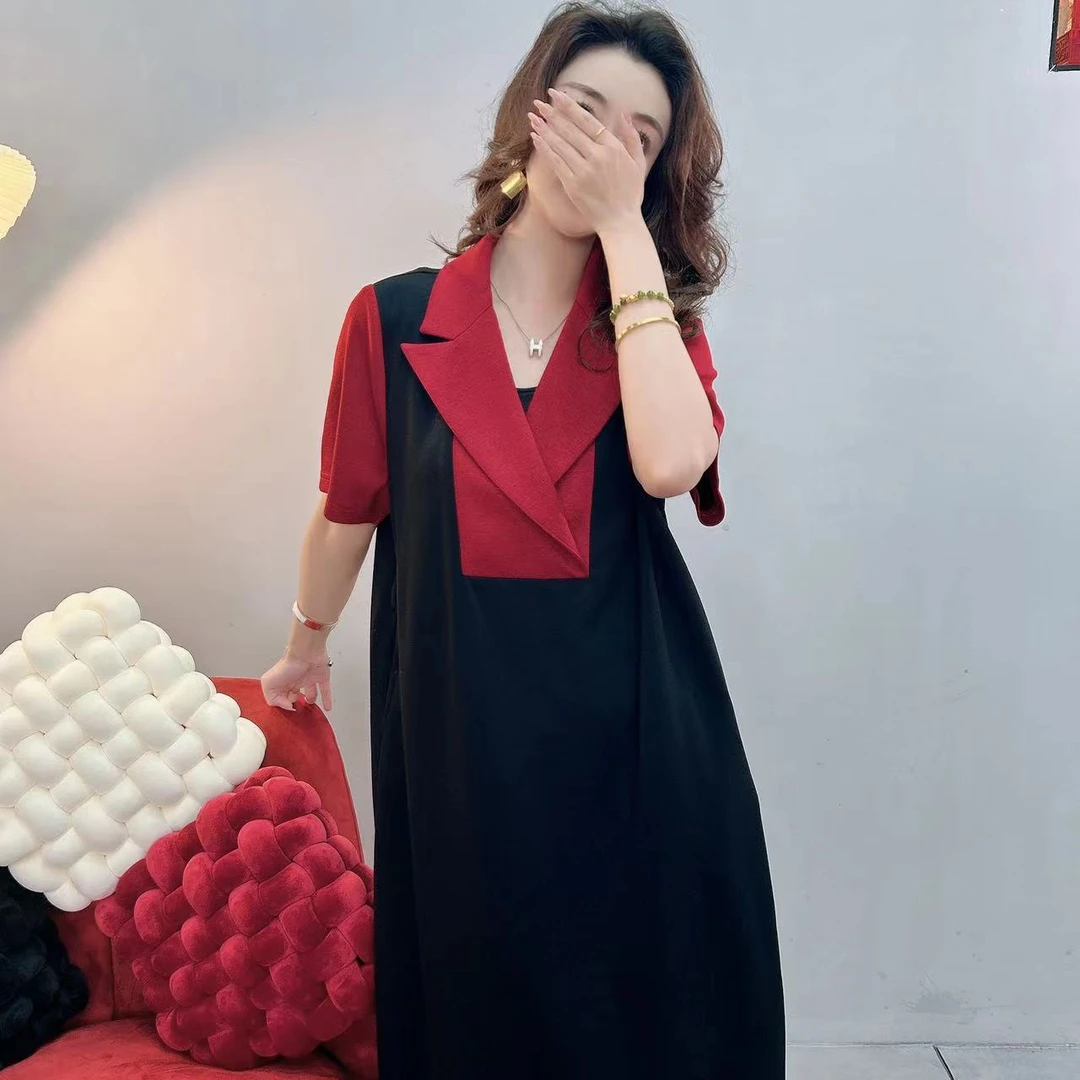 【空气元素】时尚休闲百搭夏季长款拼接显瘦拼色女装连衣裙99518