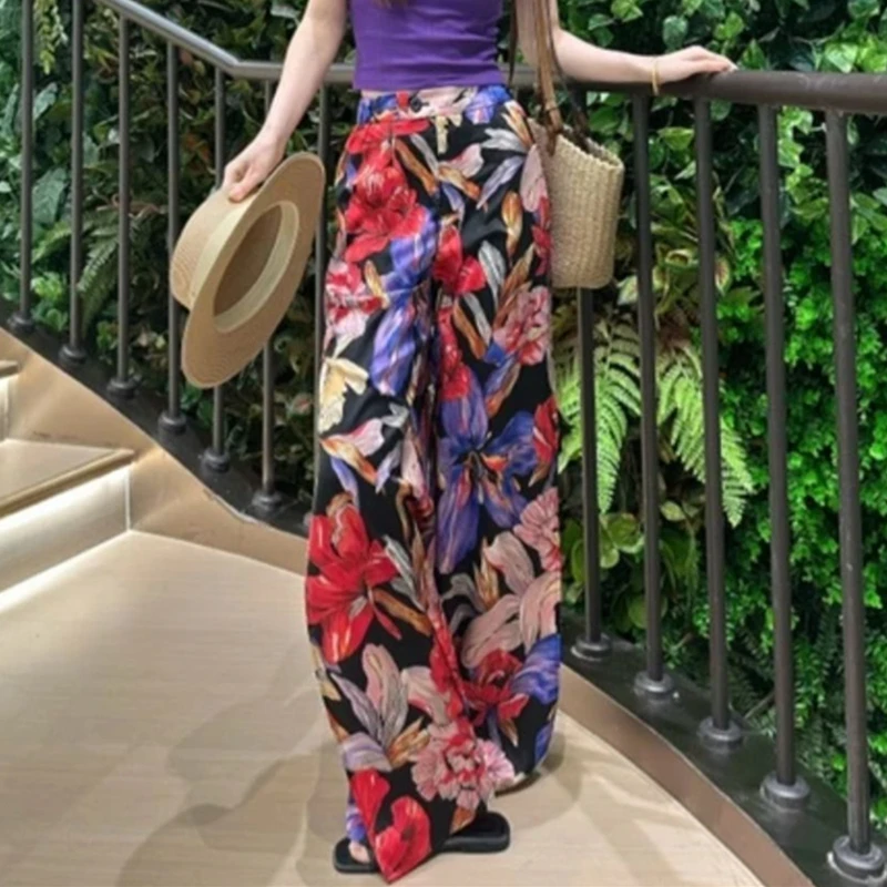 【AMSSGIRD】2024年度假风高腰气质复古印花开叉休闲阔腿直筒裤女