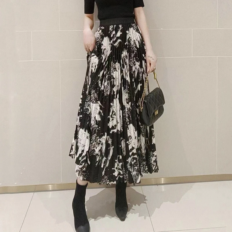 【商场同款】2024夏季新款优雅通勤百搭垂感印花松紧腰百褶半身裙女