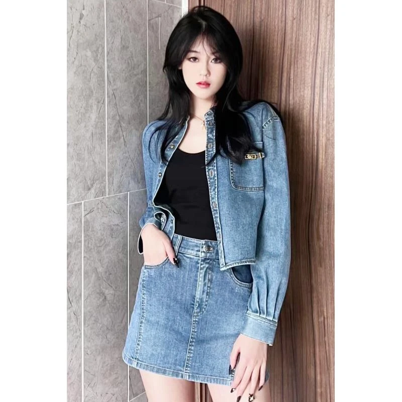 【商场同款】2024春秋新款蓝色复古短款水洗牛仔衣外套长袖牛仔衬衫