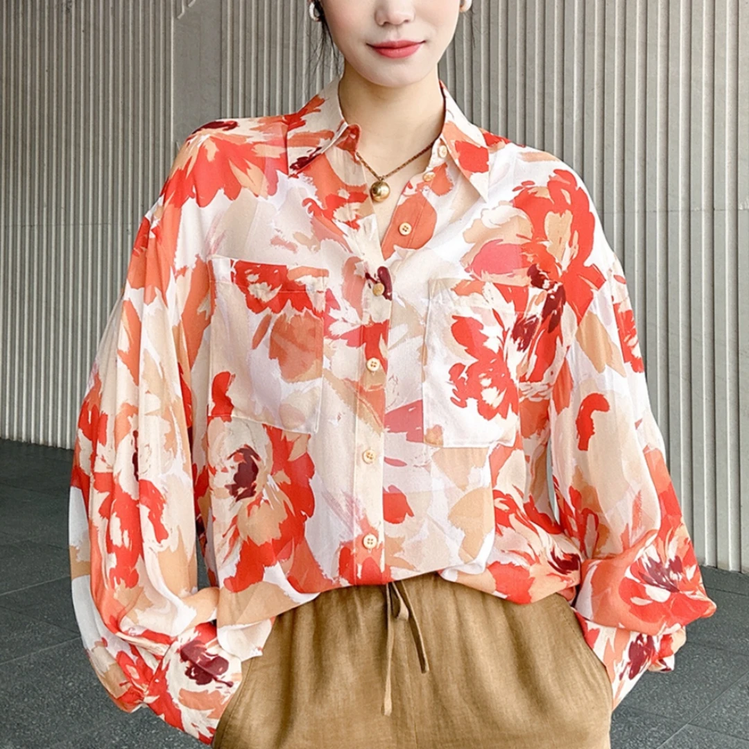 【商场同款】2025夏季新款时尚宽松枫叶橘印花口袋薄款防晒长袖衬衫