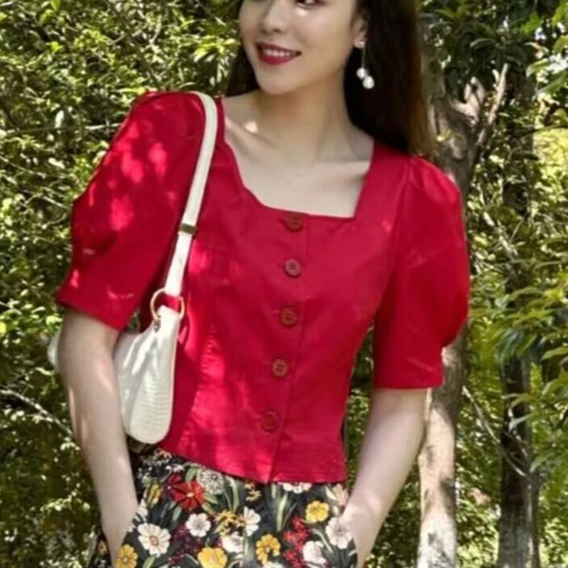 专柜正品气质红色方领法式泡泡袖短款衬衫专柜新款显瘦上衣女