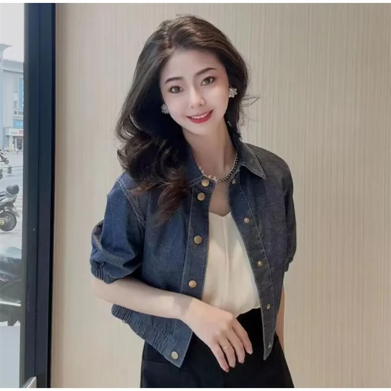 【专柜正品】夏季显瘦短款薄牛仔衬衫复古气质翻领泡泡短袖1300847