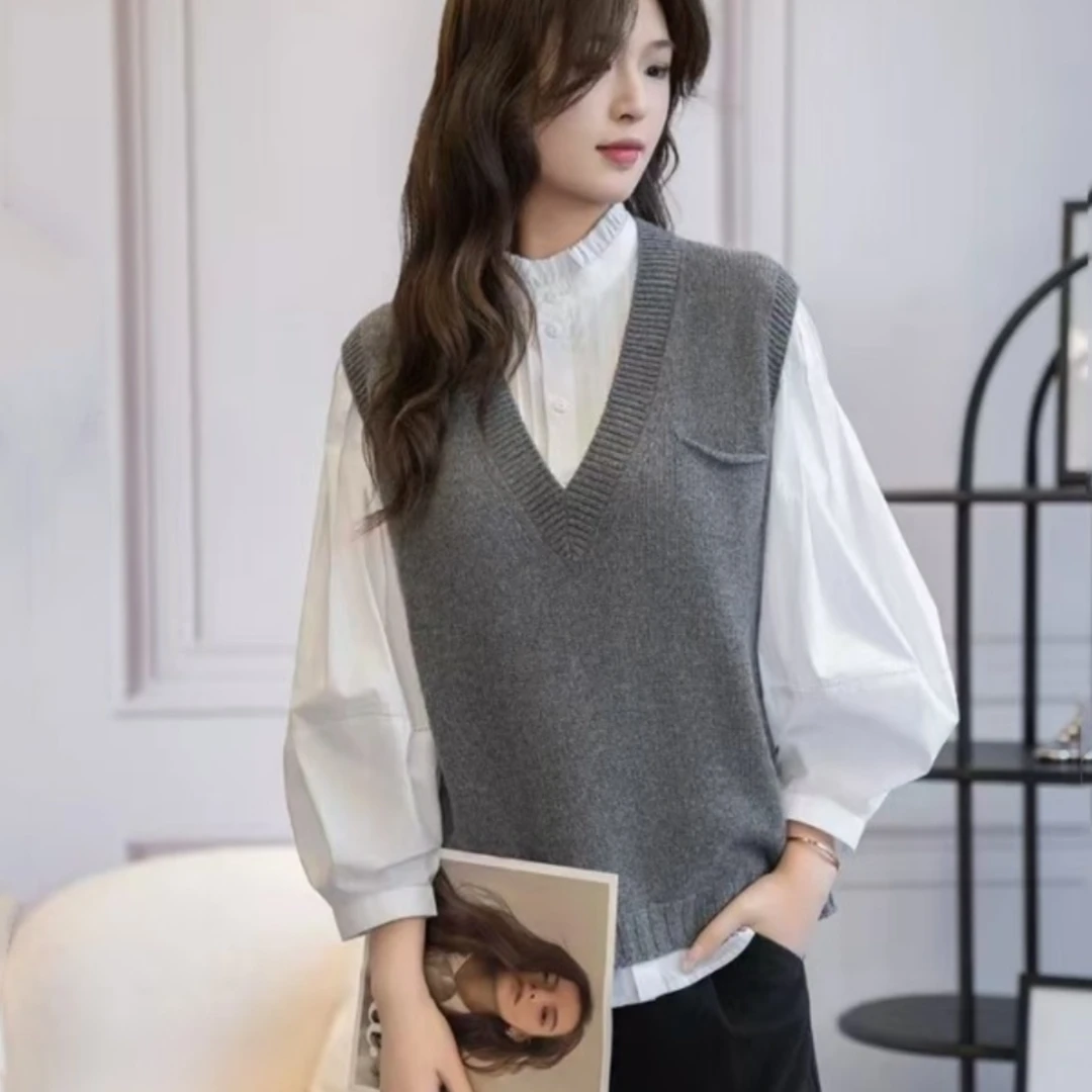 【商场同款】2024秋季新款V领套头百搭宽松口袋无袖马甲针织背心女
