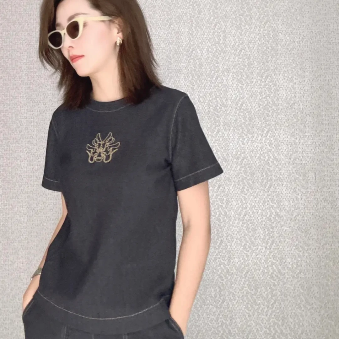 【GIRID AMSS】夏季新款休闲百搭刺绣圆领宽松针织牛仔布短袖t恤