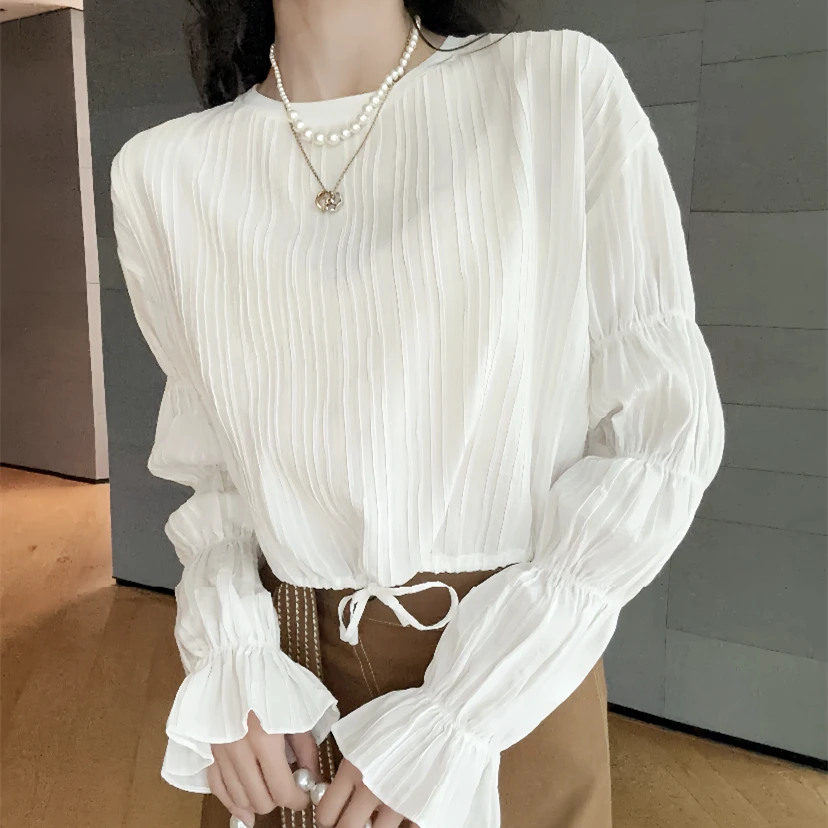 【专柜正品】正品百搭时尚宽松显瘦法式灯笼袖短款衬衫女1300972