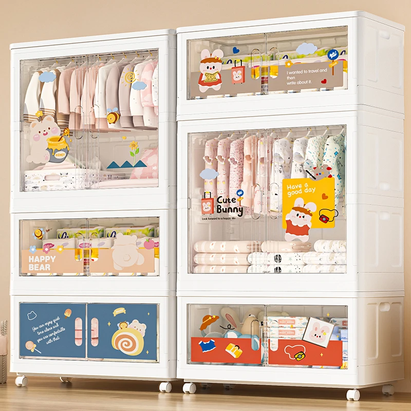 75CM卡通可折叠透明免安装双开门儿童衣柜收纳柜储物柜婴儿专用