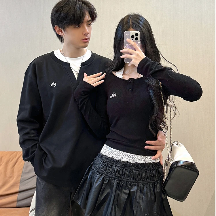 情侣装秋季小众设计感长袖蕾丝吊带拼色假两件上衣个性皮裙潮