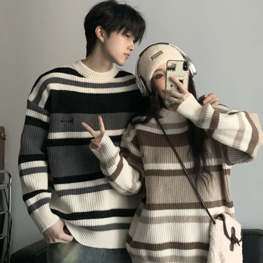情侣装秋冬季小众设计感超火毛衣ins条纹宽松休闲男女针织毛衣潮
