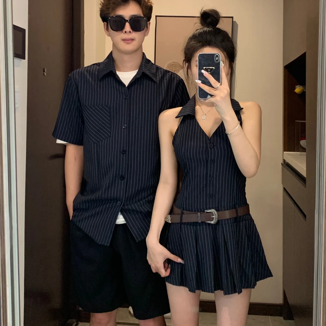 情侣装夏季新款小众设计感条纹宽松显瘦女连衣裙时尚潮流一裙一衣