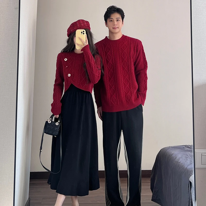 情侣装冬季新款网红红色新年复古针织毛衣百搭韩版一裙一衣潮