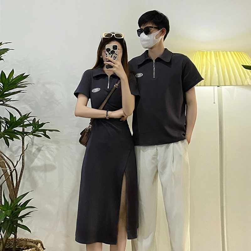 情侣装夏polo领新款简约休闲收腰开叉长款显瘦连衣裙法式一衣一裙