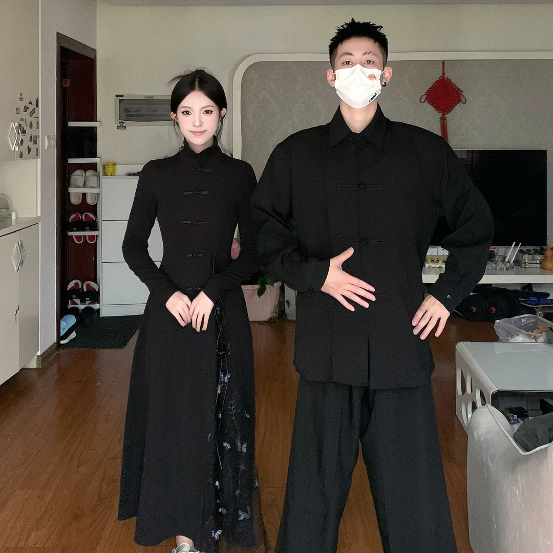 情侣装秋季新中式国风女长款蝴蝶网纱拼接长款连衣裙中式长袖衬衫