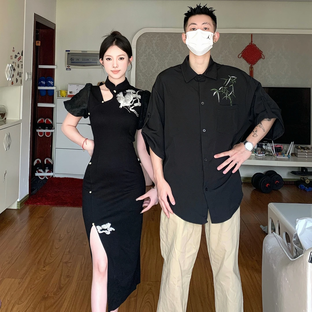 情侣装夏季新款新中式国风改良旗袍短袖连衣裙一裙一衣ins潮