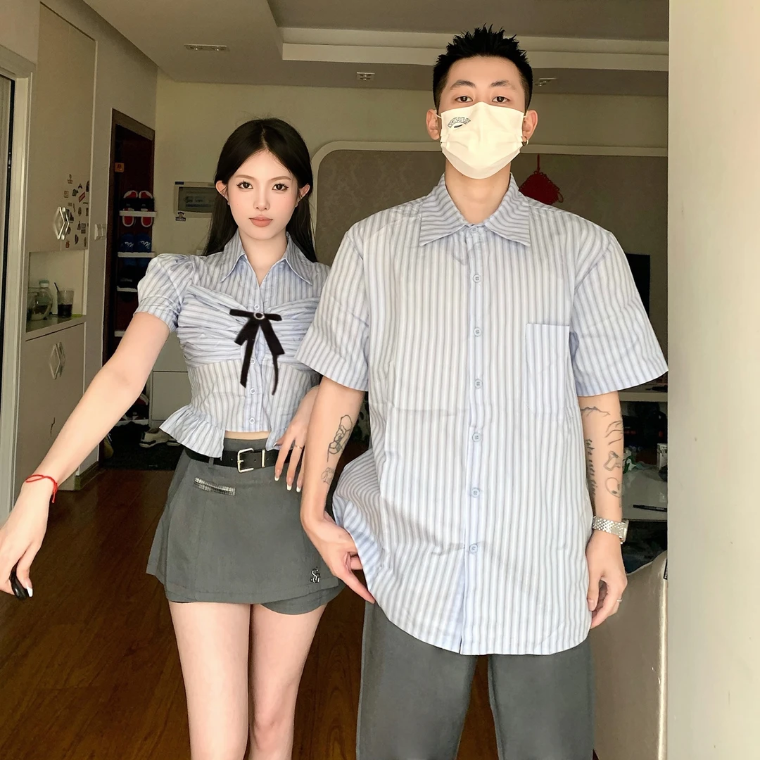 情侣装夏季新款泡泡袖短袖上衣辣妹学院风衬衫小众设计潮