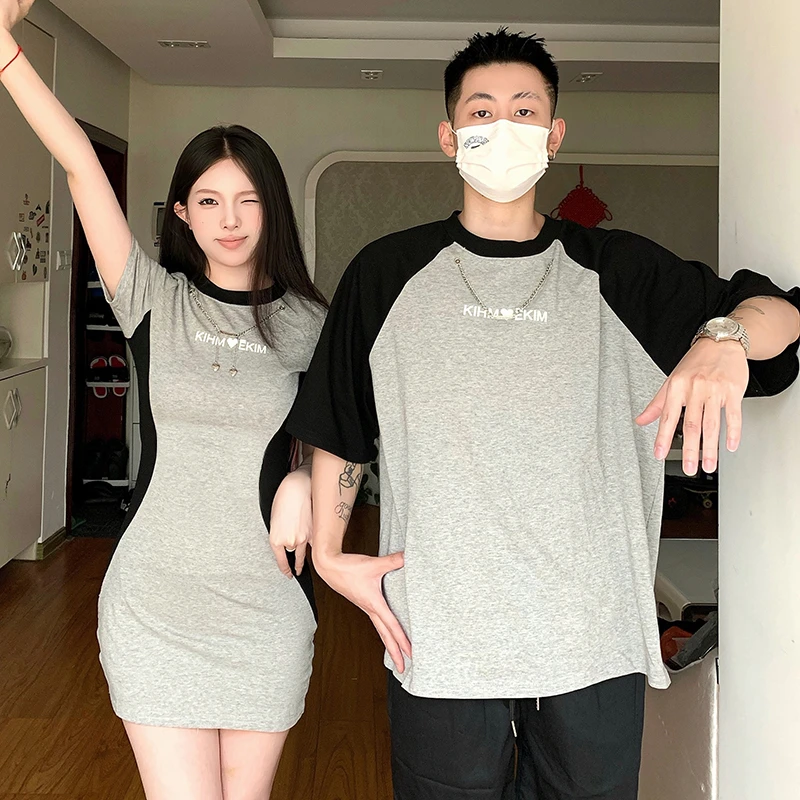 小众设计感情侣装夏季新款短版短袖T恤女连衣裙法式一裙一衣ins潮