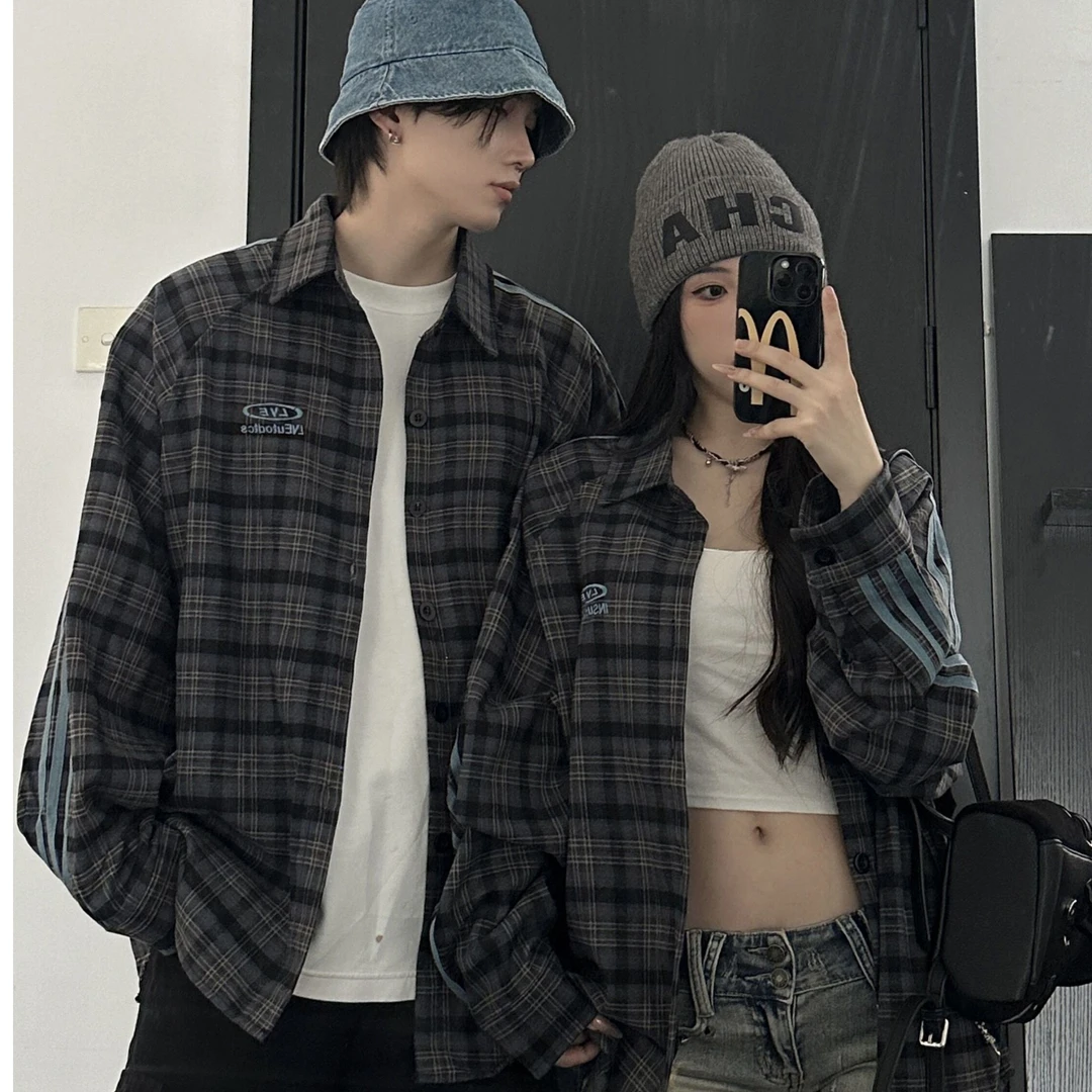 情侣装秋冬季小众设计感运动风长袖条纹格子衬衫宽松休闲外套潮